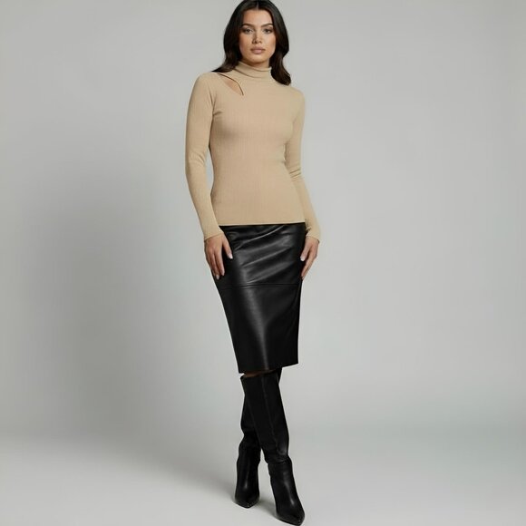 Rachel Roy Cut Out Sweater Fitted Ribbed Gold Metallic S NWT - Picture 4 of 8